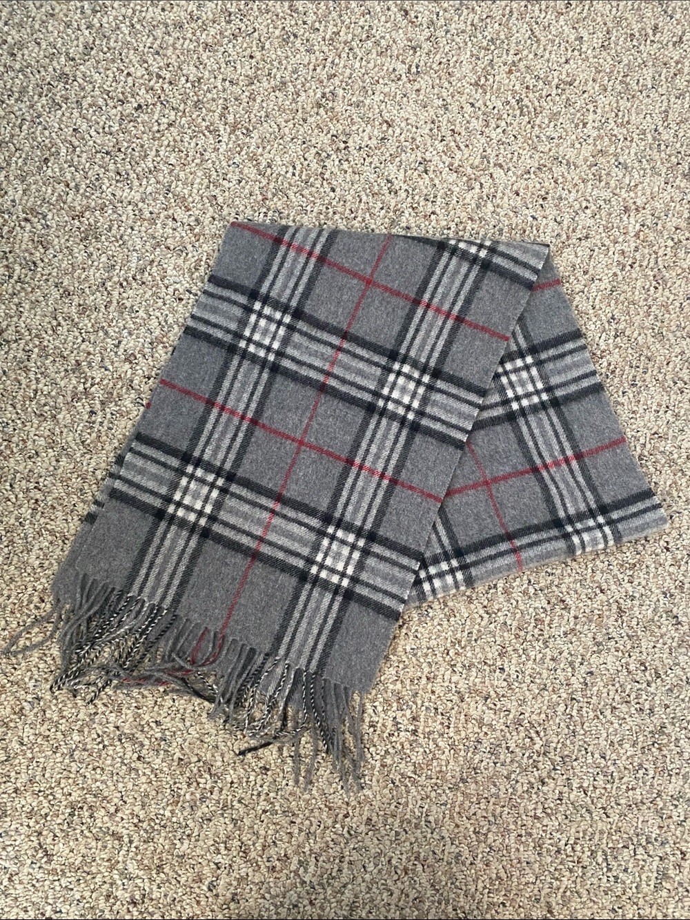 Via Condotti 100% Virgin Wool Gray Plaid Scarf with Red Accent